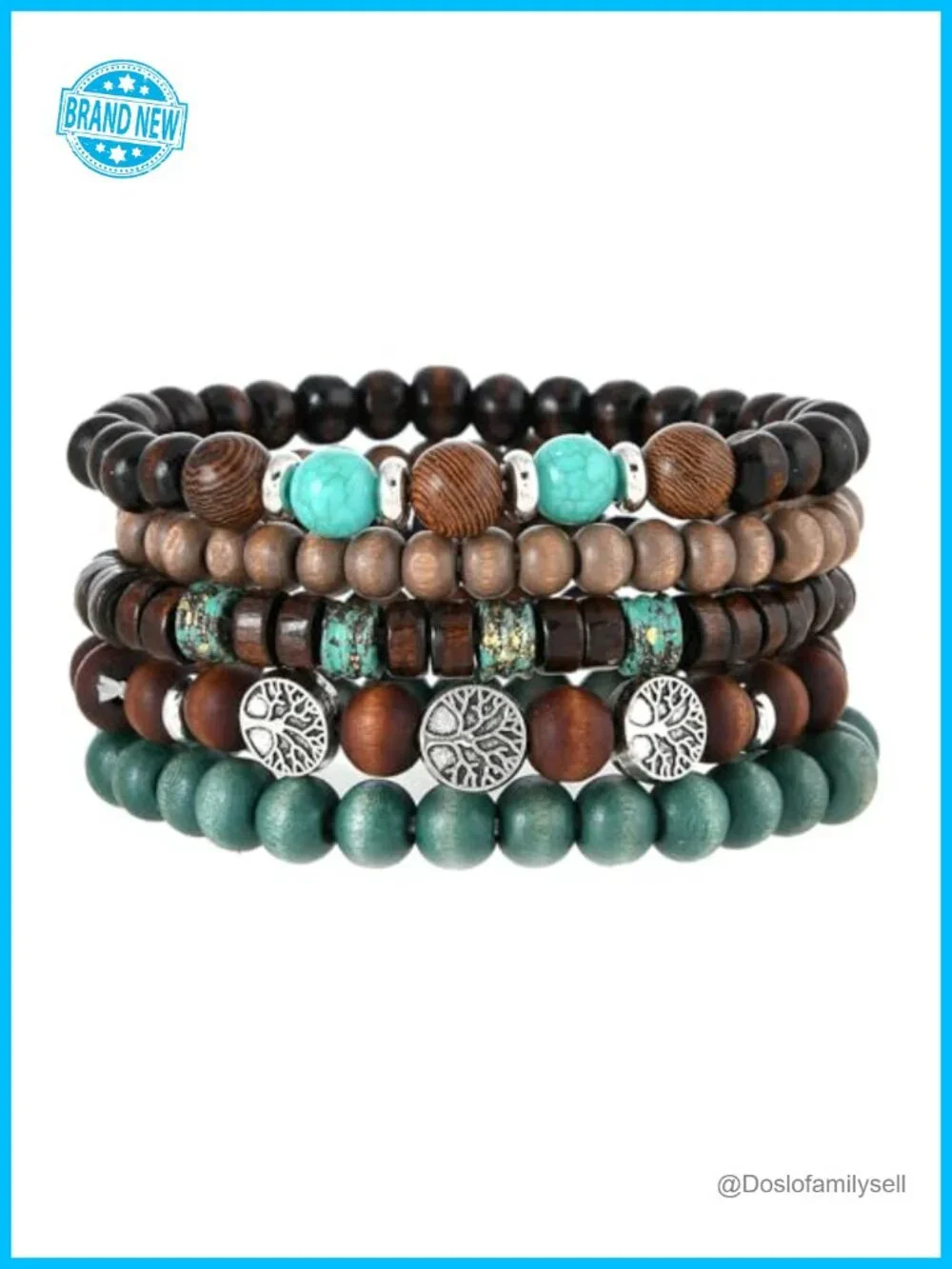 Tree of Life Beaded Bracelet Set Wood & Stone Stretch Stackable Unisex